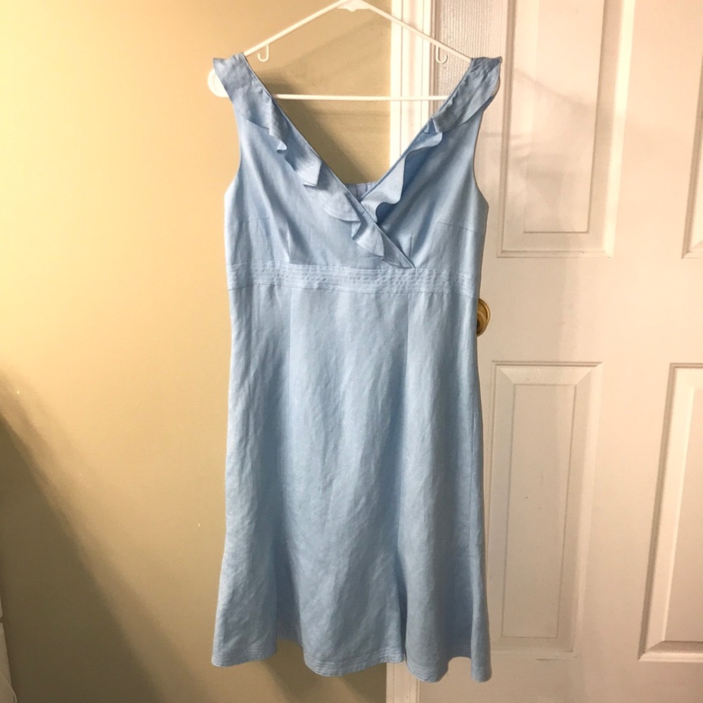 NWT London Times Light Blue Linen Blend Wrap Front Ruffle Top Dress